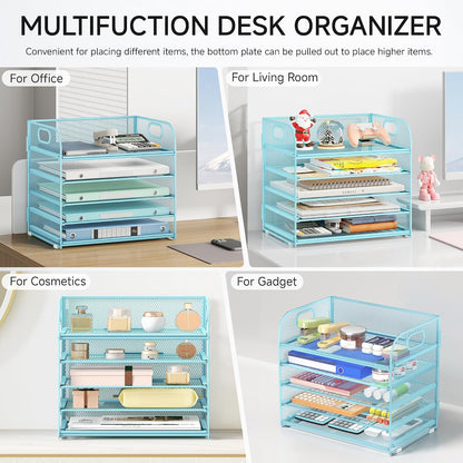 5 Tray Paper Organizer Letter Tray with Handle - Mesh Desk File Organizer, Paper Sorter Organizer for Office, Home or School File Folder Holder - Pink