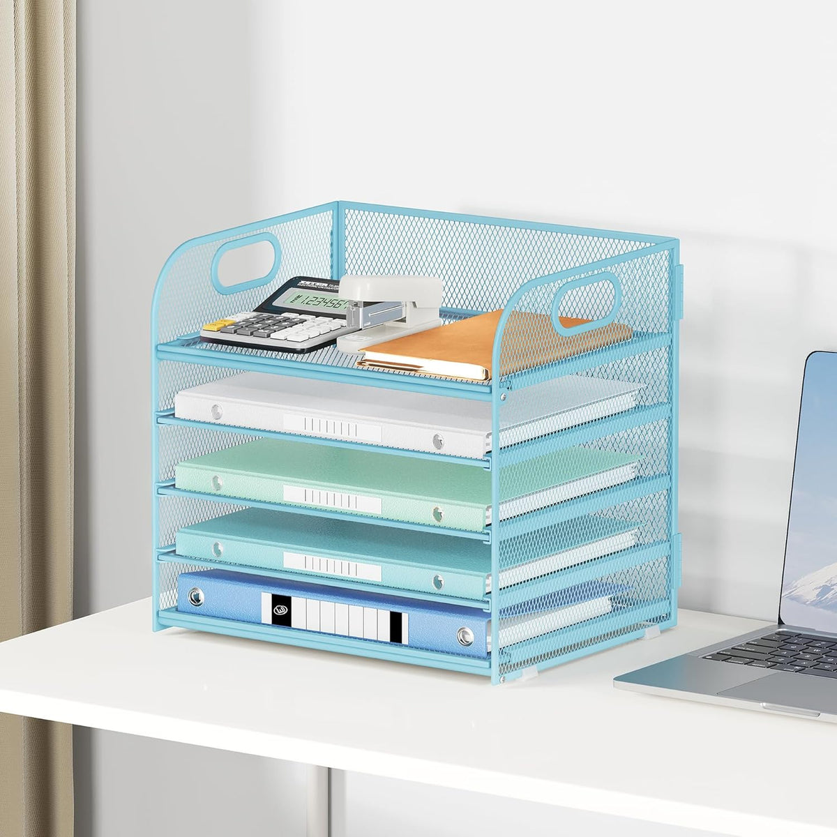 5 Tray Paper Organizer Letter Tray with Handle - Mesh Desk File Organizer, Paper Sorter Organizer for Office, Home or School File Folder Holder - Pink