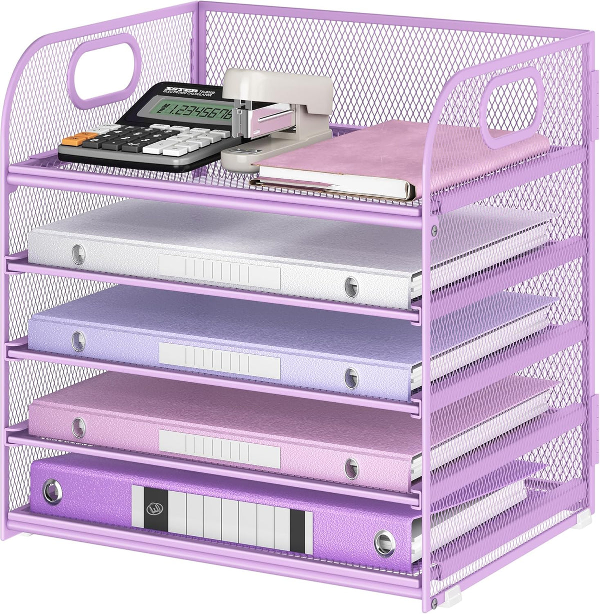 5 Tray Paper Organizer Letter Tray with Handle - Mesh Desk File Organizer, Paper Sorter Organizer for Office, Home or School File Folder Holder - Pink
