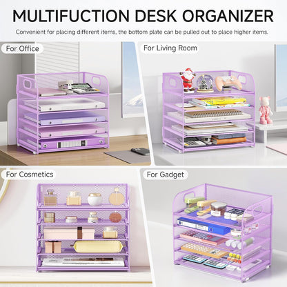 5 Tray Paper Organizer Letter Tray with Handle - Mesh Desk File Organizer, Paper Sorter Organizer for Office, Home or School File Folder Holder - Pink
