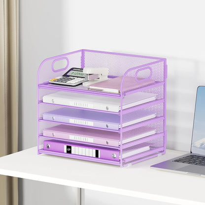 5 Tray Paper Organizer Letter Tray with Handle - Mesh Desk File Organizer, Paper Sorter Organizer for Office, Home or School File Folder Holder - Pink