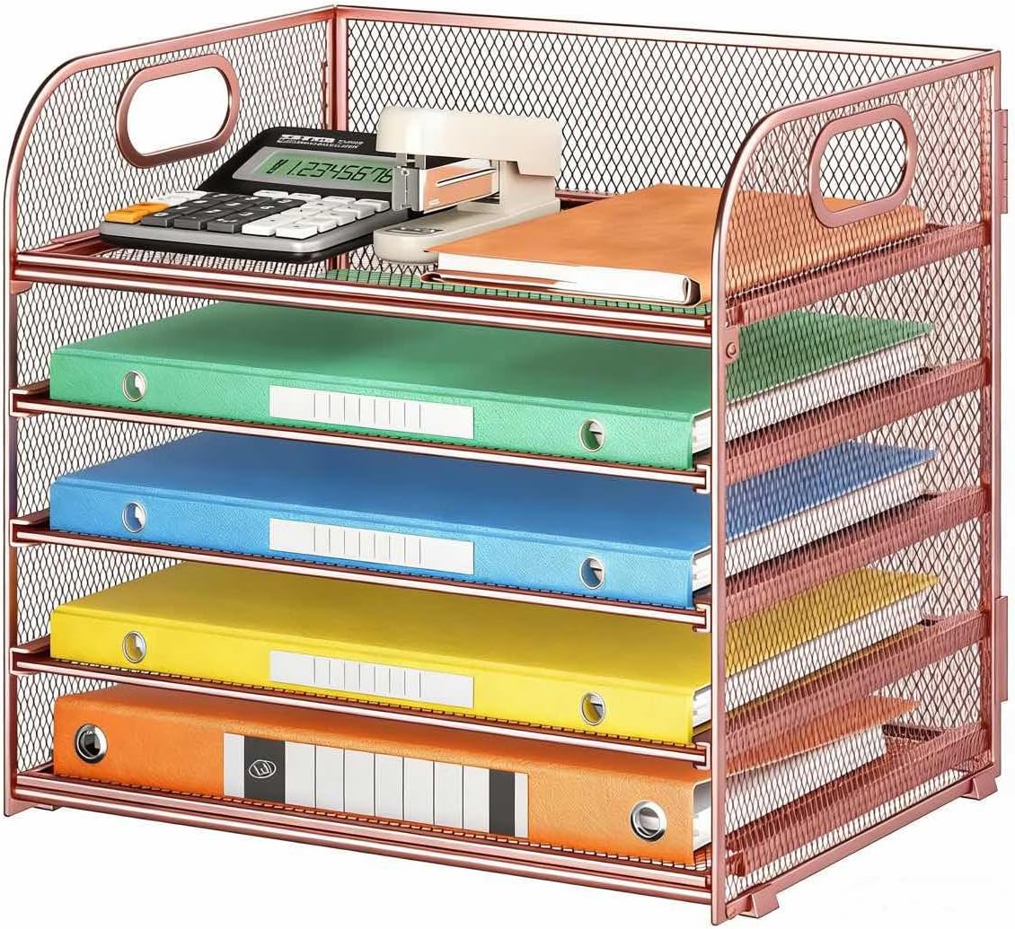 5 Tray Paper Organizer Letter Tray with Handle - Mesh Desk File Organizer, Paper Sorter Organizer for Office, Home or School File Folder Holder - Pink