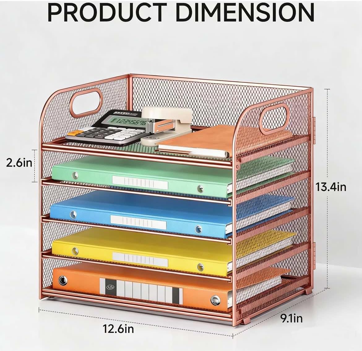 5 Tray Paper Organizer Letter Tray with Handle - Mesh Desk File Organizer, Paper Sorter Organizer for Office, Home or School File Folder Holder - Pink