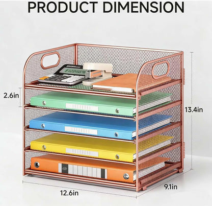 5 Tray Paper Organizer Letter Tray with Handle - Mesh Desk File Organizer, Paper Sorter Organizer for Office, Home or School File Folder Holder - Pink