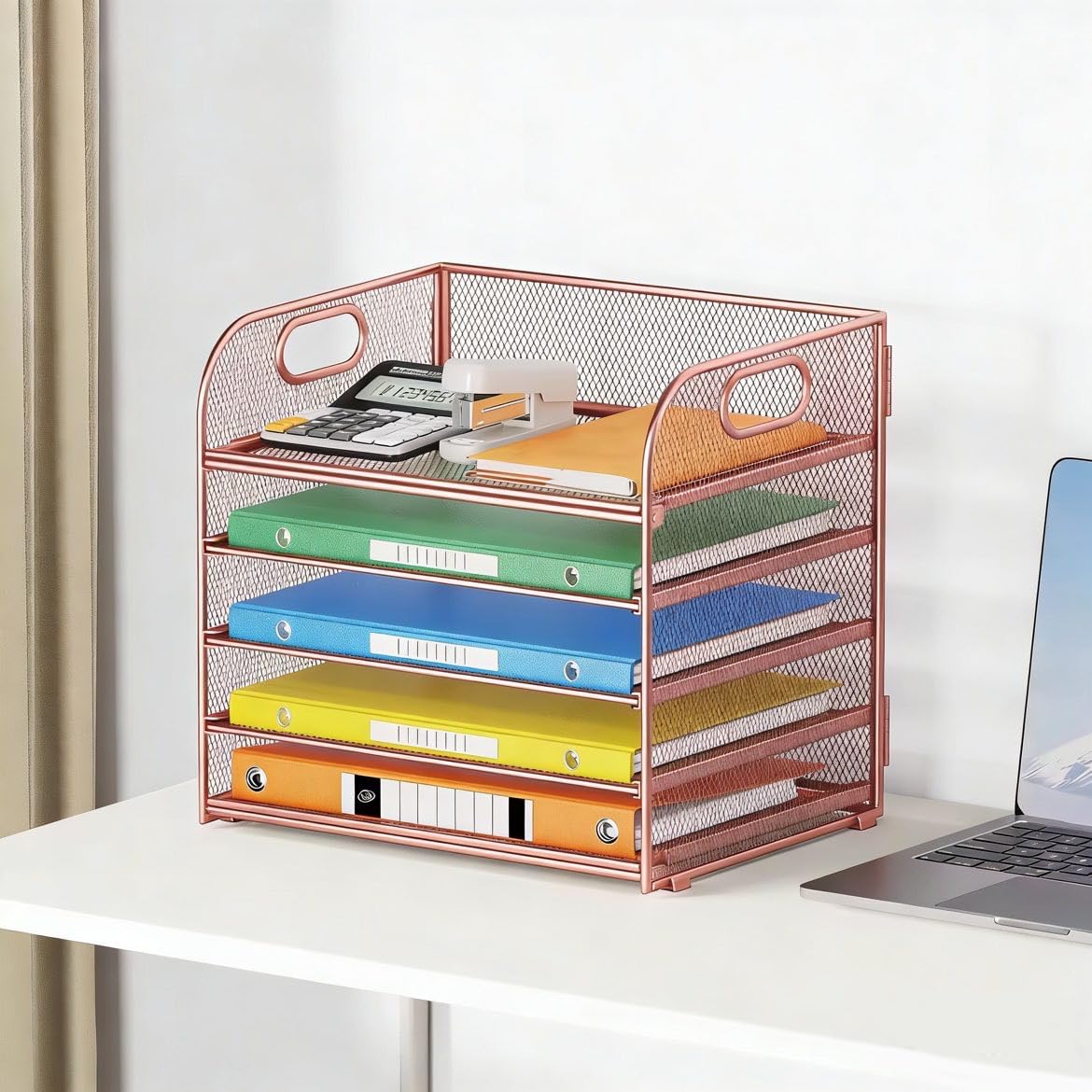 5 Tray Paper Organizer Letter Tray with Handle - Mesh Desk File Organizer, Paper Sorter Organizer for Office, Home or School File Folder Holder - Pink