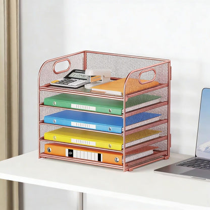 5 Tray Paper Organizer Letter Tray with Handle - Mesh Desk File Organizer, Paper Sorter Organizer for Office, Home or School File Folder Holder - Pink