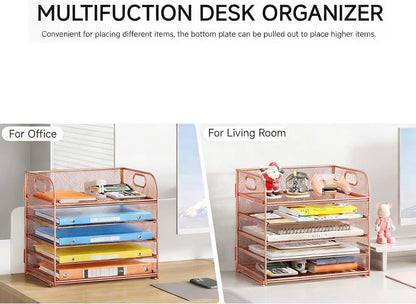 5 Tray Paper Organizer Letter Tray with Handle - Mesh Desk File Organizer, Paper Sorter Organizer for Office, Home or School File Folder Holder - Pink