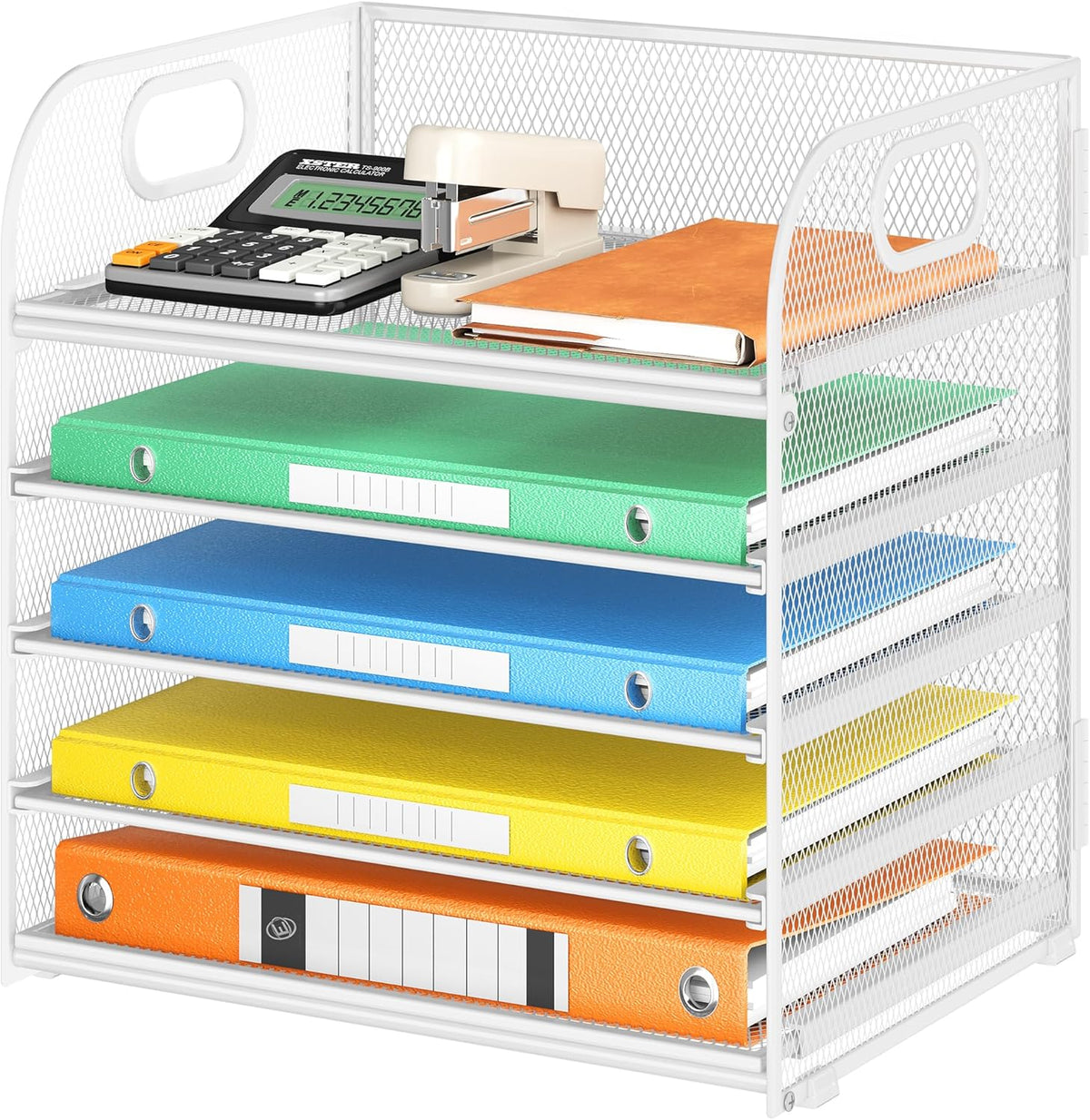 5 Tray Paper Organizer Letter Tray with Handle - Mesh Desk File Organizer, Paper Sorter Organizer for Office, Home or School File Folder Holder - Pink