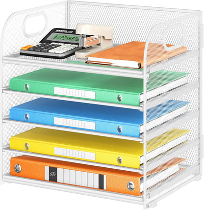 5 Tray Paper Organizer Letter Tray with Handle - Mesh Desk File Organizer, Paper Sorter Organizer for Office, Home or School File Folder Holder - Pink