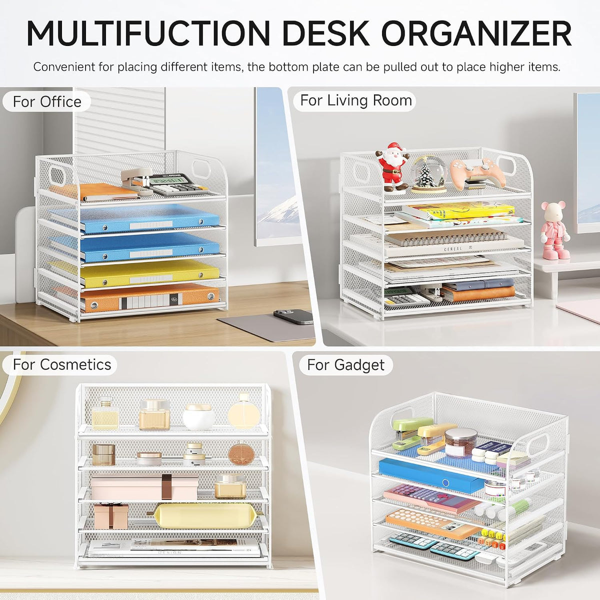 5 Tray Paper Organizer Letter Tray with Handle - Mesh Desk File Organizer, Paper Sorter Organizer for Office, Home or School File Folder Holder - Pink
