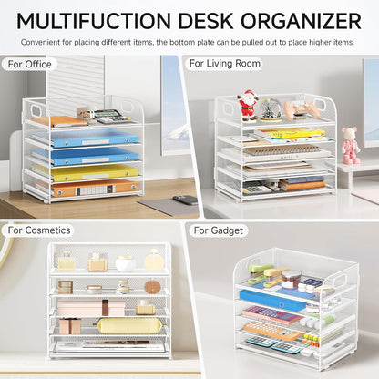 5 Tray Paper Organizer Letter Tray with Handle - Mesh Desk File Organizer, Paper Sorter Organizer for Office, Home or School File Folder Holder - Pink