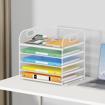 5 Tray Paper Organizer Letter Tray with Handle - Mesh Desk File Organizer, Paper Sorter Organizer for Office, Home or School File Folder Holder - Pink