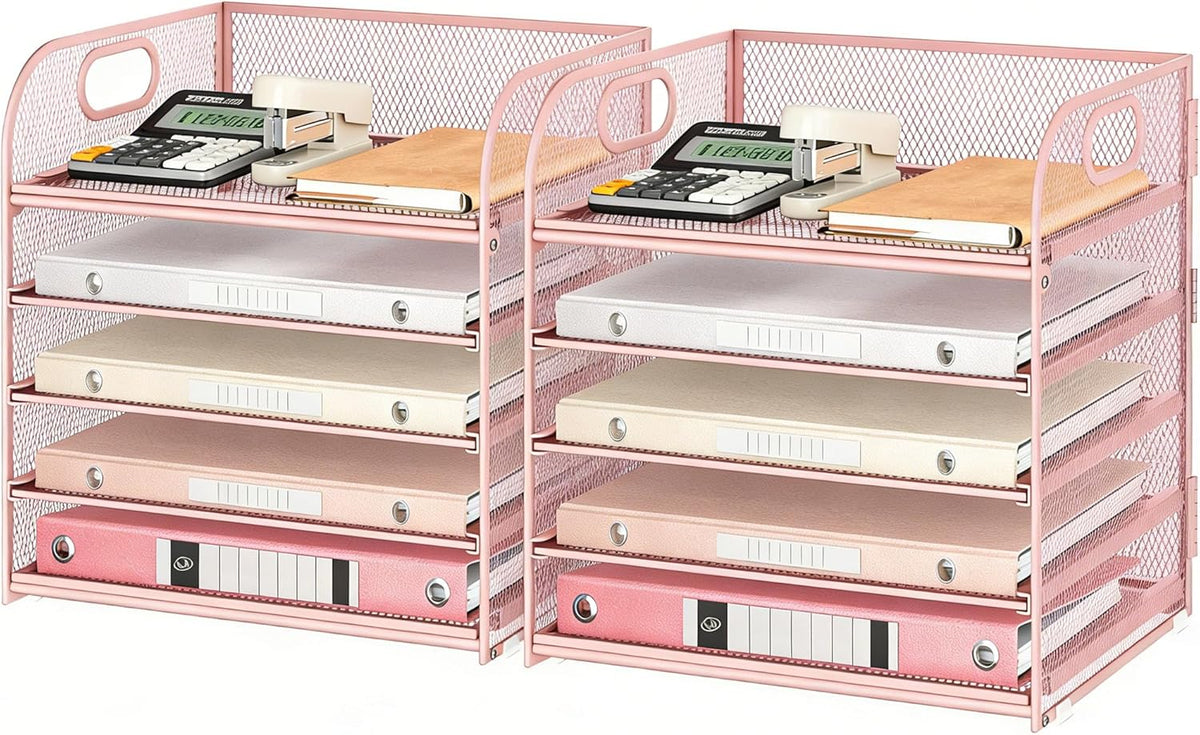 5 Tray Paper Organizer Letter Tray with Handle - Mesh Desk File Organizer, Paper Sorter Organizer for Office, Home or School File Folder Holder - Pink