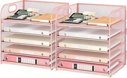 5 Tray Paper Organizer Letter Tray with Handle - Mesh Desk File Organizer, Paper Sorter Organizer for Office, Home or School File Folder Holder - Pink