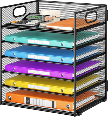5 Tray Paper Organizer Letter Tray with Handle - Mesh Desk File Organizer, Paper Sorter Organizer for Office, Home or School File Folder Holder - Pink