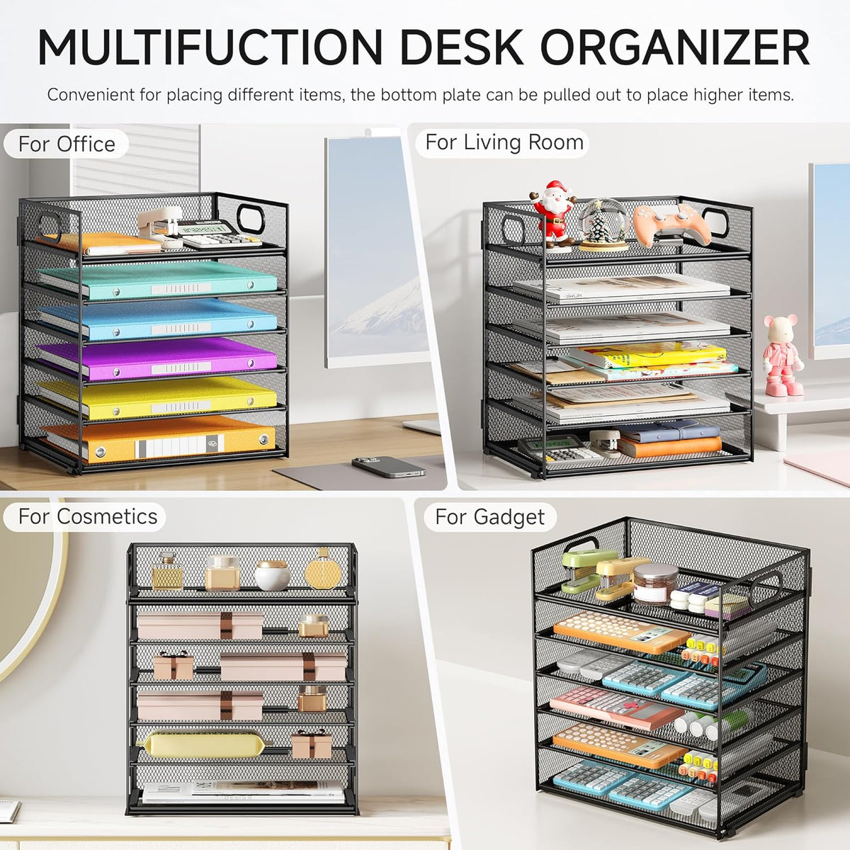 5 Tray Paper Organizer Letter Tray with Handle - Mesh Desk File Organizer, Paper Sorter Organizer for Office, Home or School File Folder Holder - Pink