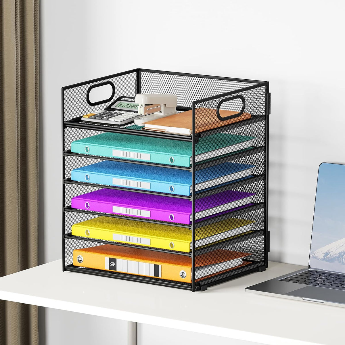 5 Tray Paper Organizer Letter Tray with Handle - Mesh Desk File Organizer, Paper Sorter Organizer for Office, Home or School File Folder Holder - Pink