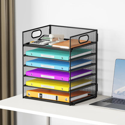 5 Tray Paper Organizer Letter Tray with Handle - Mesh Desk File Organizer, Paper Sorter Organizer for Office, Home or School File Folder Holder - Pink