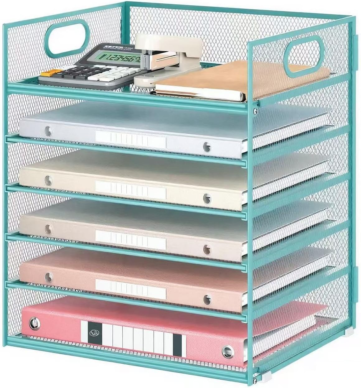 5 Tray Paper Organizer Letter Tray with Handle - Mesh Desk File Organizer, Paper Sorter Organizer for Office, Home or School File Folder Holder - Pink