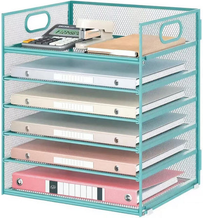 5 Tray Paper Organizer Letter Tray with Handle - Mesh Desk File Organizer, Paper Sorter Organizer for Office, Home or School File Folder Holder - Pink