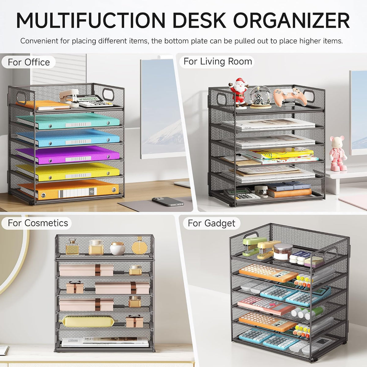 5 Tray Paper Organizer Letter Tray with Handle - Mesh Desk File Organizer, Paper Sorter Organizer for Office, Home or School File Folder Holder - Pink