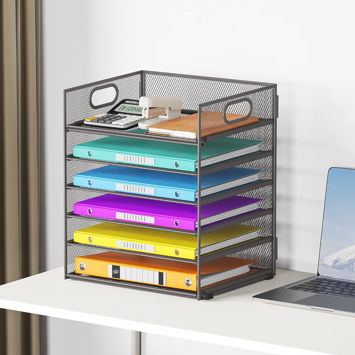 5 Tray Paper Organizer Letter Tray with Handle - Mesh Desk File Organizer, Paper Sorter Organizer for Office, Home or School File Folder Holder - Pink