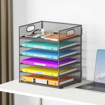 5 Tray Paper Organizer Letter Tray with Handle - Mesh Desk File Organizer, Paper Sorter Organizer for Office, Home or School File Folder Holder - Pink