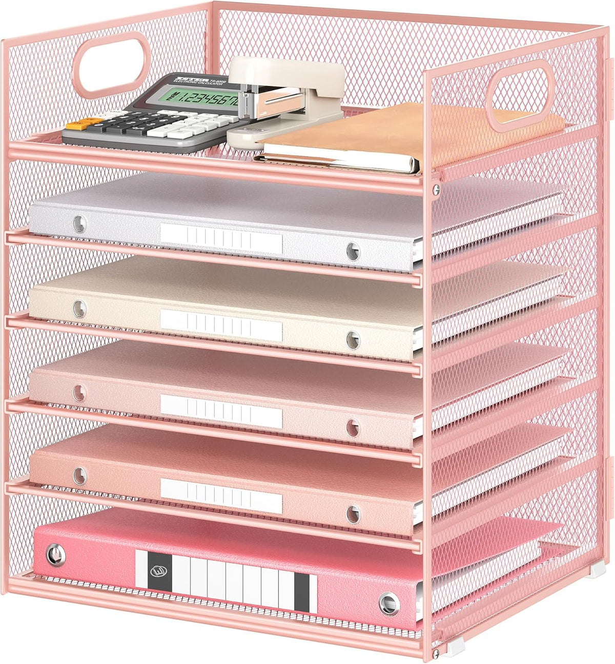 5 Tray Paper Organizer Letter Tray with Handle - Mesh Desk File Organizer, Paper Sorter Organizer for Office, Home or School File Folder Holder - Pink