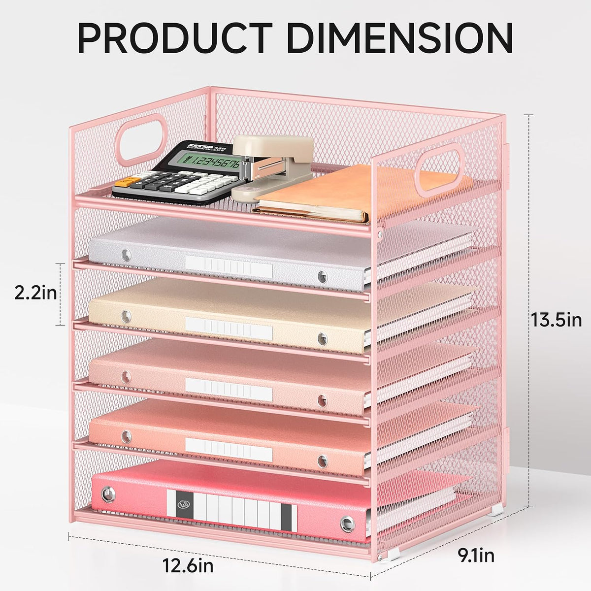 5 Tray Paper Organizer Letter Tray with Handle - Mesh Desk File Organizer, Paper Sorter Organizer for Office, Home or School File Folder Holder - Pink