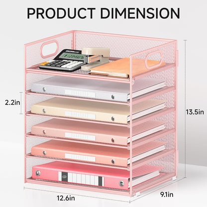 5 Tray Paper Organizer Letter Tray with Handle - Mesh Desk File Organizer, Paper Sorter Organizer for Office, Home or School File Folder Holder - Pink