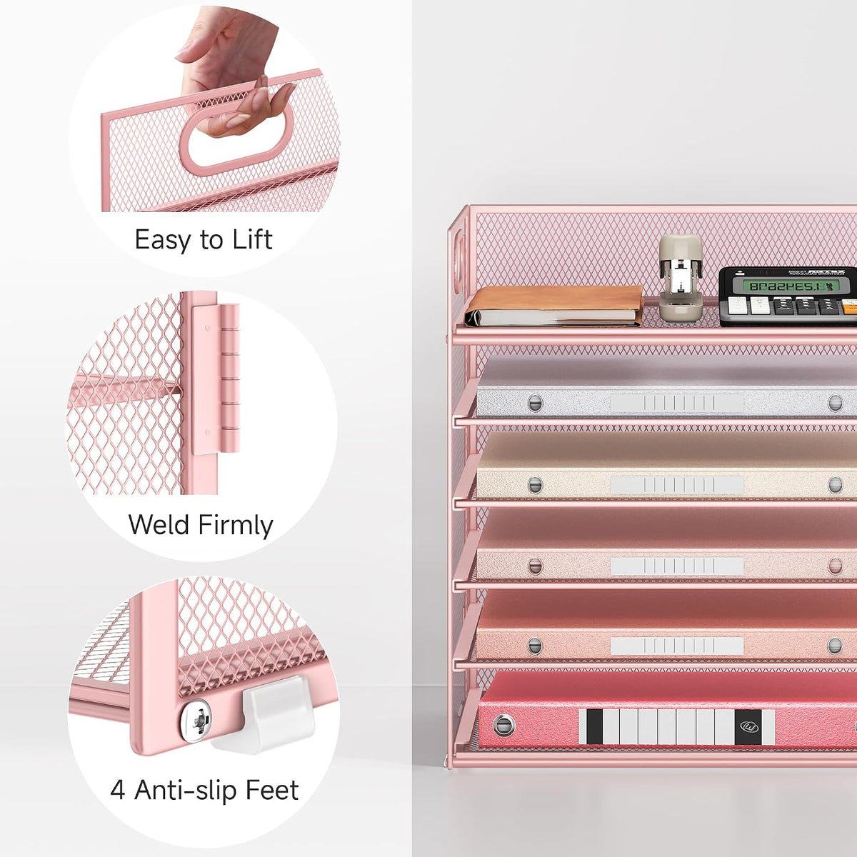 5 Tray Paper Organizer Letter Tray with Handle - Mesh Desk File Organizer, Paper Sorter Organizer for Office, Home or School File Folder Holder - Pink