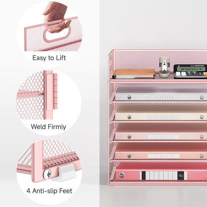 5 Tray Paper Organizer Letter Tray with Handle - Mesh Desk File Organizer, Paper Sorter Organizer for Office, Home or School File Folder Holder - Pink