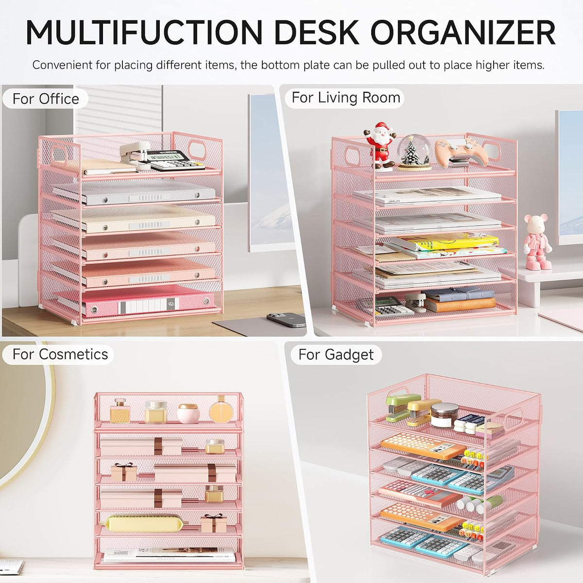 5 Tray Paper Organizer Letter Tray with Handle - Mesh Desk File Organizer, Paper Sorter Organizer for Office, Home or School File Folder Holder - Pink