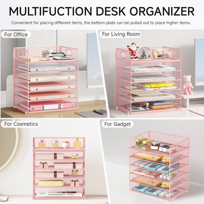 5 Tray Paper Organizer Letter Tray with Handle - Mesh Desk File Organizer, Paper Sorter Organizer for Office, Home or School File Folder Holder - Pink