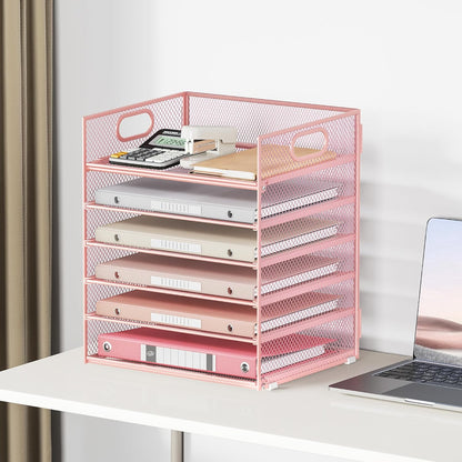 5 Tray Paper Organizer Letter Tray with Handle - Mesh Desk File Organizer, Paper Sorter Organizer for Office, Home or School File Folder Holder - Pink