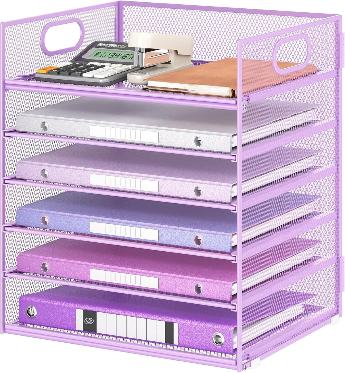5 Tray Paper Organizer Letter Tray with Handle - Mesh Desk File Organizer, Paper Sorter Organizer for Office, Home or School File Folder Holder - Pink