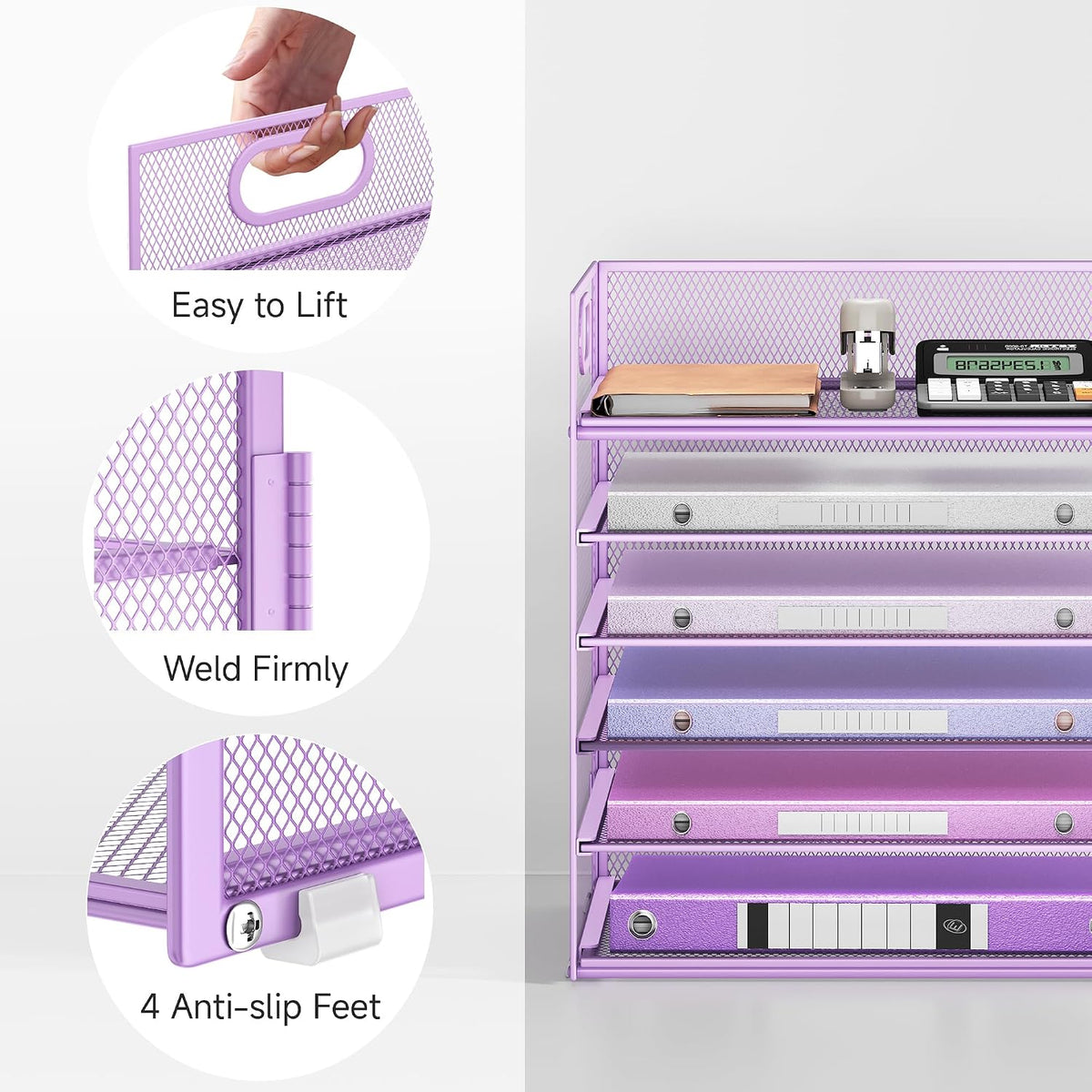 5 Tray Paper Organizer Letter Tray with Handle - Mesh Desk File Organizer, Paper Sorter Organizer for Office, Home or School File Folder Holder - Pink