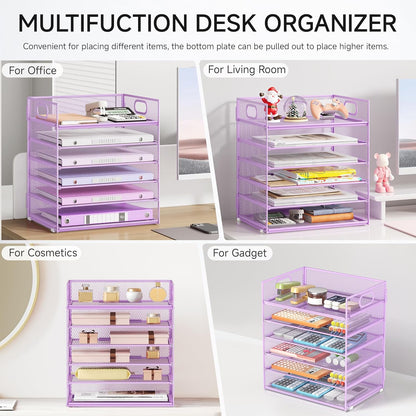 5 Tray Paper Organizer Letter Tray with Handle - Mesh Desk File Organizer, Paper Sorter Organizer for Office, Home or School File Folder Holder - Pink