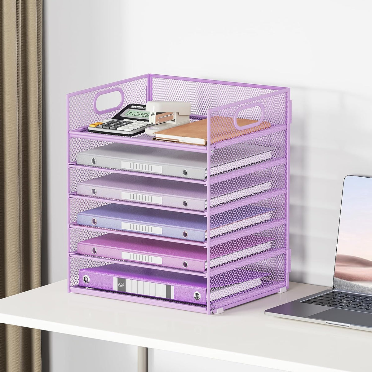 5 Tray Paper Organizer Letter Tray with Handle - Mesh Desk File Organizer, Paper Sorter Organizer for Office, Home or School File Folder Holder - Pink