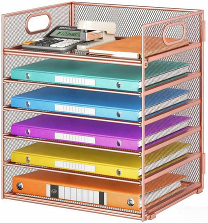 5 Tray Paper Organizer Letter Tray with Handle - Mesh Desk File Organizer, Paper Sorter Organizer for Office, Home or School File Folder Holder - Pink