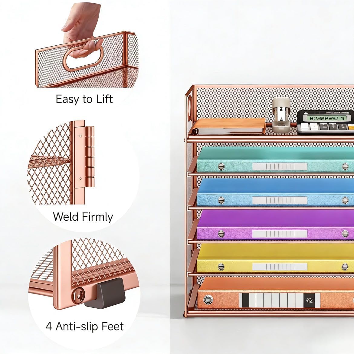 5 Tray Paper Organizer Letter Tray with Handle - Mesh Desk File Organizer, Paper Sorter Organizer for Office, Home or School File Folder Holder - Pink