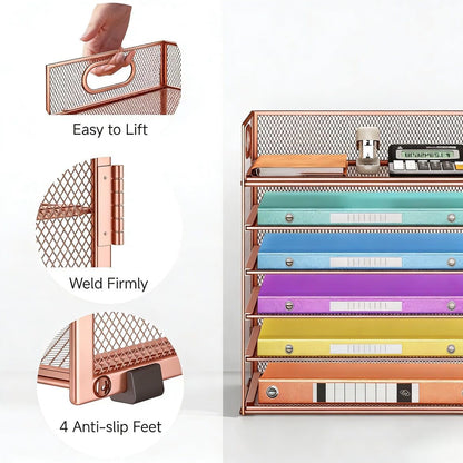 5 Tray Paper Organizer Letter Tray with Handle - Mesh Desk File Organizer, Paper Sorter Organizer for Office, Home or School File Folder Holder - Pink