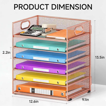 5 Tray Paper Organizer Letter Tray with Handle - Mesh Desk File Organizer, Paper Sorter Organizer for Office, Home or School File Folder Holder - Pink
