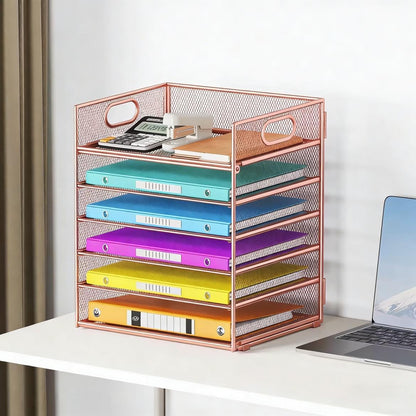5 Tray Paper Organizer Letter Tray with Handle - Mesh Desk File Organizer, Paper Sorter Organizer for Office, Home or School File Folder Holder - Pink