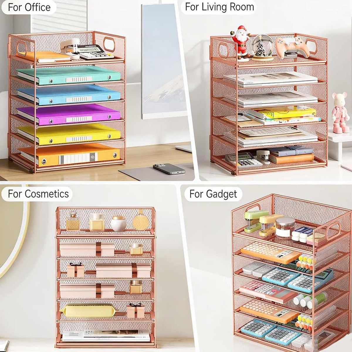 5 Tray Paper Organizer Letter Tray with Handle - Mesh Desk File Organizer, Paper Sorter Organizer for Office, Home or School File Folder Holder - Pink