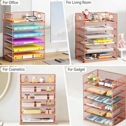 5 Tray Paper Organizer Letter Tray with Handle - Mesh Desk File Organizer, Paper Sorter Organizer for Office, Home or School File Folder Holder - Pink
