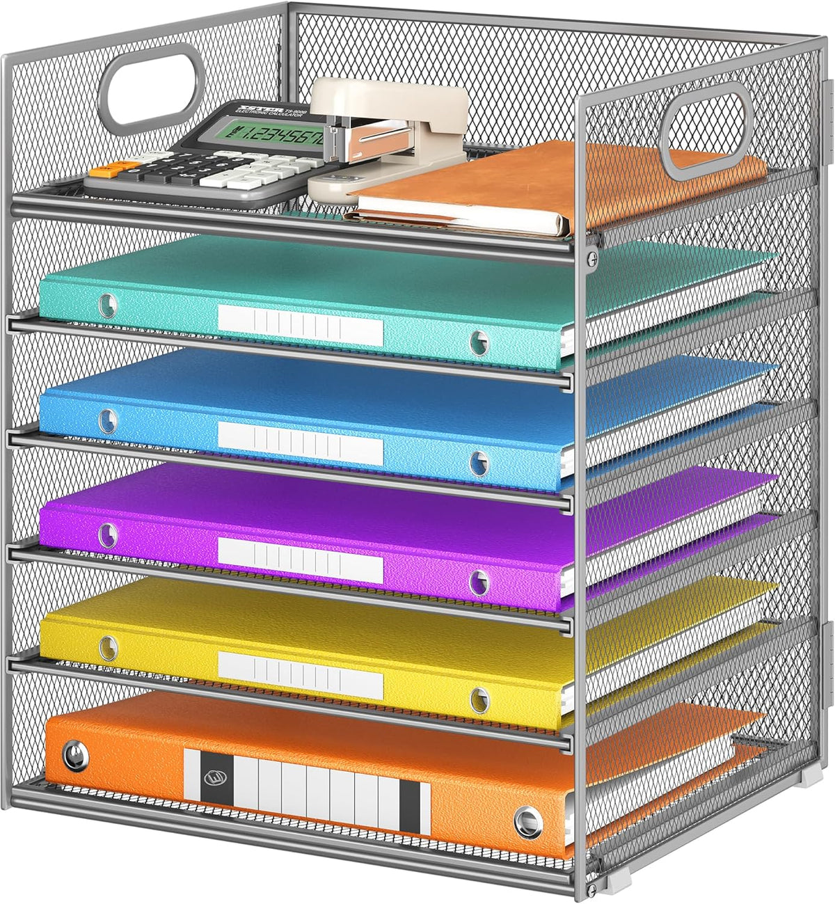5 Tray Paper Organizer Letter Tray with Handle - Mesh Desk File Organizer, Paper Sorter Organizer for Office, Home or School File Folder Holder - Pink