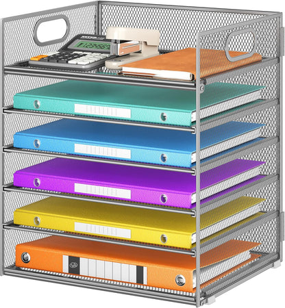 5 Tray Paper Organizer Letter Tray with Handle - Mesh Desk File Organizer, Paper Sorter Organizer for Office, Home or School File Folder Holder - Pink