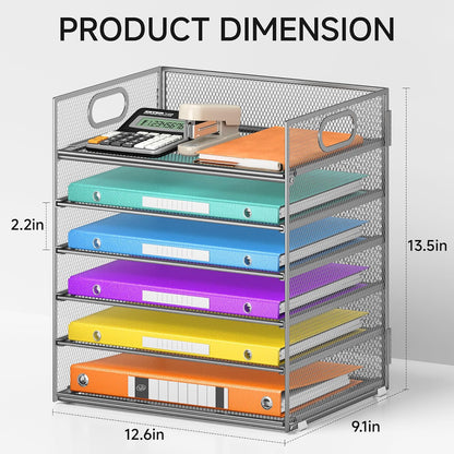 5 Tray Paper Organizer Letter Tray with Handle - Mesh Desk File Organizer, Paper Sorter Organizer for Office, Home or School File Folder Holder - Pink