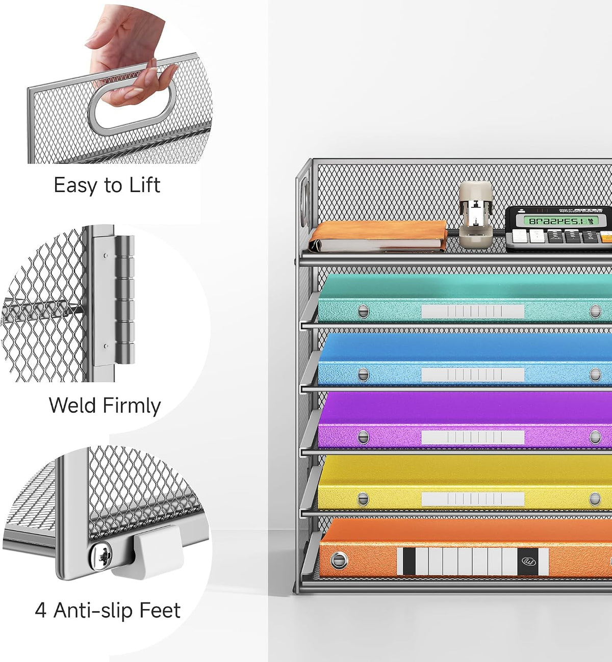 5 Tray Paper Organizer Letter Tray with Handle - Mesh Desk File Organizer, Paper Sorter Organizer for Office, Home or School File Folder Holder - Pink
